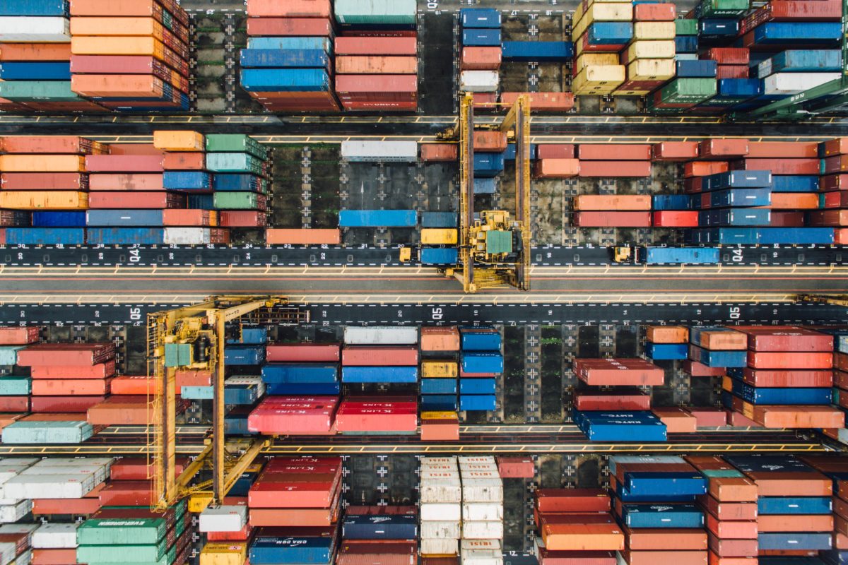 shipping containers in a shipping yard viewed from overhead